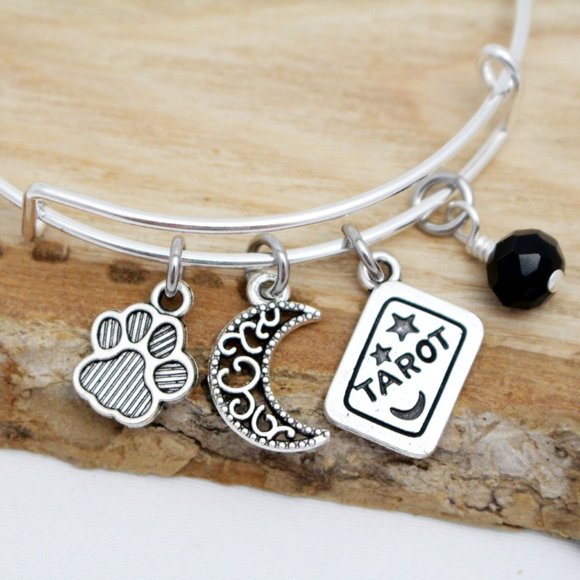 Paw Print, Filigree Moon & Tarot Card Adjustable Charm Bangle - Handcraf… - Picture 2 of 4